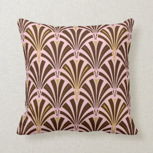 Art Deco fan pattern - chocolate on pink Cushion