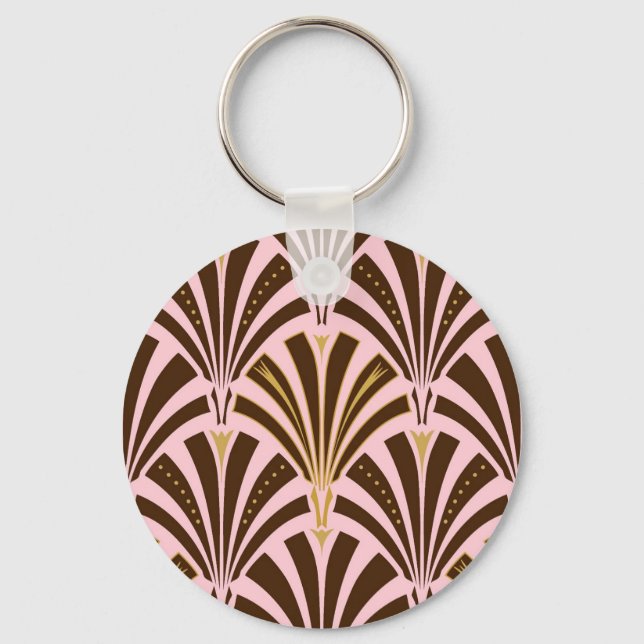 Art Deco fan pattern - chocolate on pink Key Ring (Front)