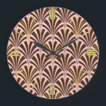Art Deco fan pattern - chocolate on pink Large Clock<br><div class="desc">Digital reproduction of a classic,  Art Deco wallpaper fan pattern - deep,  chocolate brown on light shell pink,  embellished with gold</div>