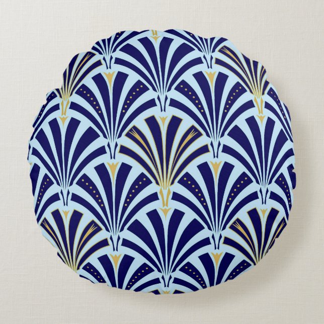 Art Deco fan pattern - cobalt and sky blue Round Cushion (Front)