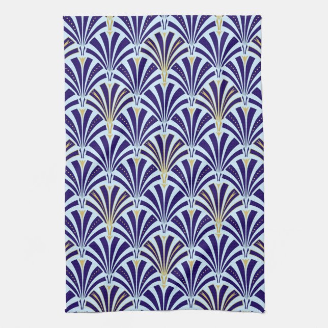 Art Deco fan pattern - cobalt and sky blue Tea Towel (Vertical)