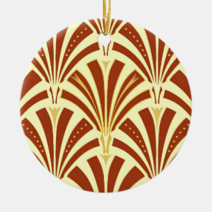 Art Deco fan pattern - copper on yellow Ceramic Ornament