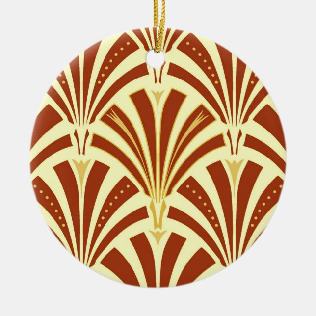 Art Deco fan pattern - copper on yellow Ceramic Ornament (Front)