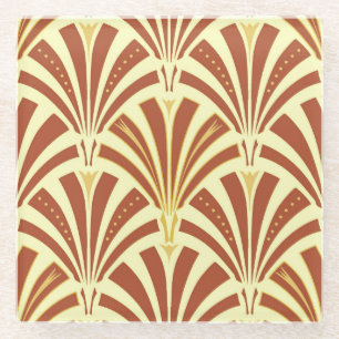 Art Deco fan pattern - copper on yellow Glass Coaster