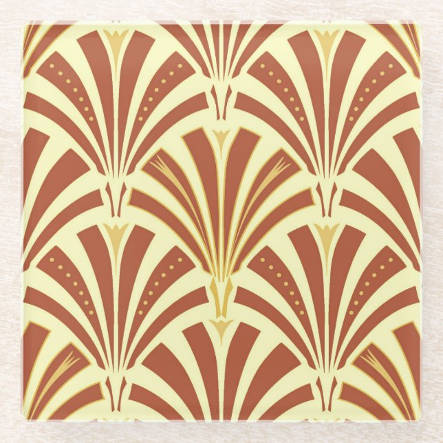 Art Deco fan pattern - copper on yellow Glass Coaster (Front)
