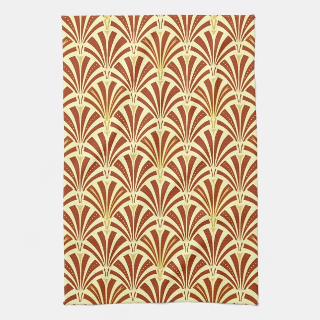 Art Deco fan pattern - copper on yellow Tea Towel (Vertical)