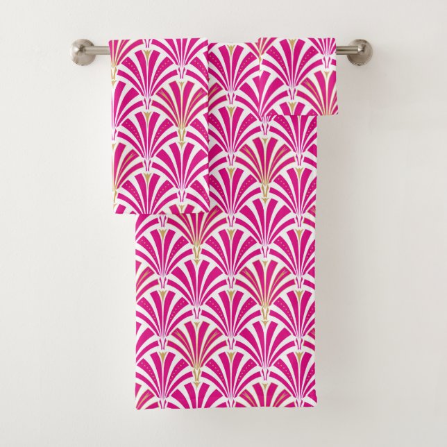 Art Deco Fan Pattern, fuchsia pink Bath Towel Set (Insitu)