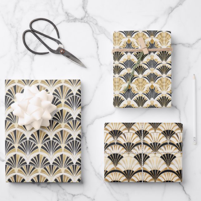 Art Deco Fan Pattern in Black & Gold on White Wrapping Paper Sheet (Front)