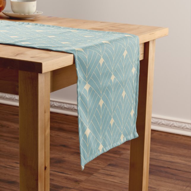 Art Deco Fan Pattern In Duck Egg Blue And Beige Short Table Runner (In Situ)
