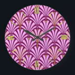Art Deco fan pattern - orchid and purple Large Clock<br><div class="desc">Digital reproduction of a classic,  Art Deco wallpaper fan pattern - pale orchid pink on deep purple / eggplant,  embellished with gold</div>