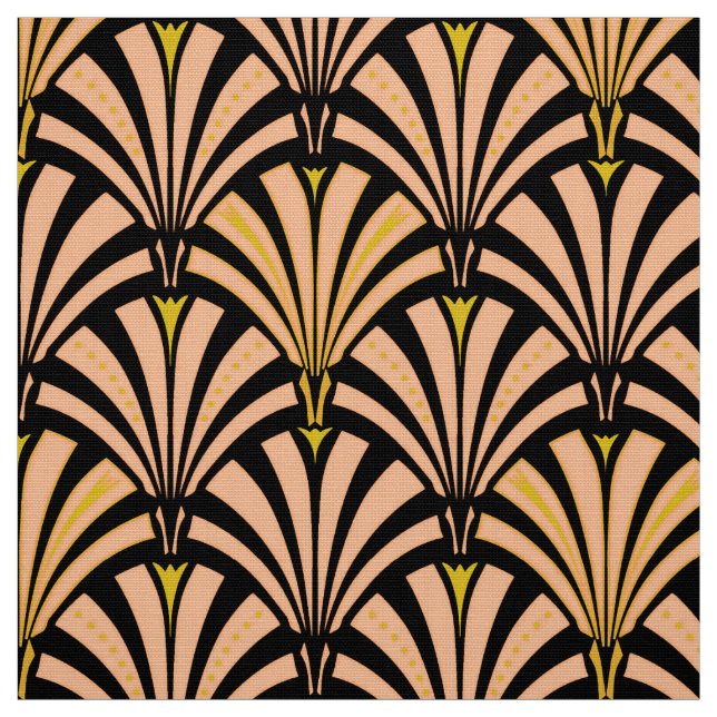 Art Deco fan pattern - peach on black Fabric (Swatch)