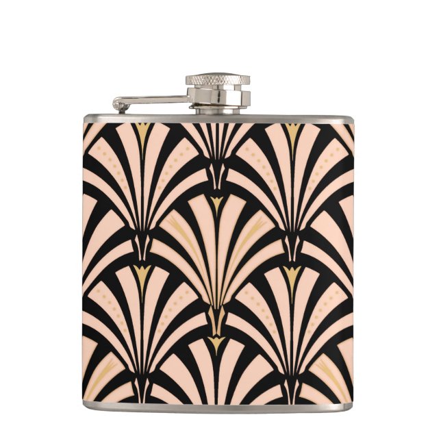 Art Deco fan pattern - peach on black Hip Flask (Front)