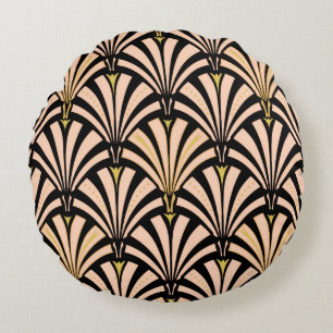 Art Deco fan pattern - peach on black Round Cushion