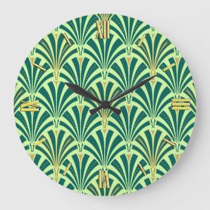 Art Deco fan pattern - pine and mint green Large Clock