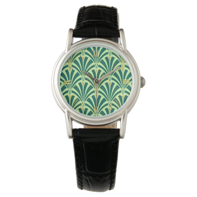 Art Deco fan pattern - pine and mint green Watch (Front)