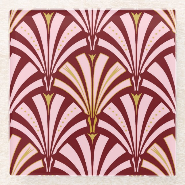 Art Deco fan pattern - pink and burgundy Glass Coaster (Front)
