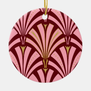 Art Deco fan pattern - pink and maroon Ceramic Tree Decoration