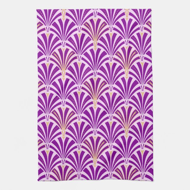 Art Deco fan pattern - purple and orchid Tea Towel (Vertical)