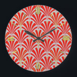 Art Deco fan pattern - red on pearl grey Large Clock<br><div class="desc">Digital reproduction of a classic,  Art Deco wallpaper fan pattern - rich,  lipstick red on pearl grey,  embellished with gold</div>