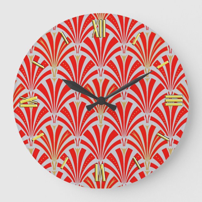 Art Deco fan pattern - red on pearl grey Large Clock (Front)