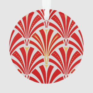 Art Deco fan pattern - red on pearl grey Ornament