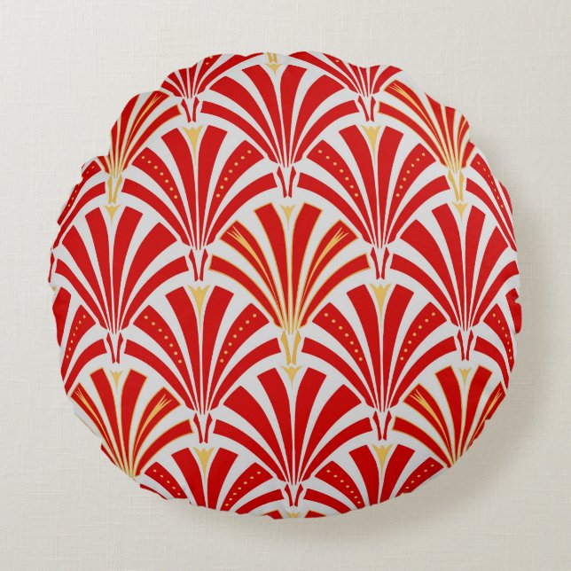 Art Deco fan pattern - red on pearl grey Round Cushion (Front)