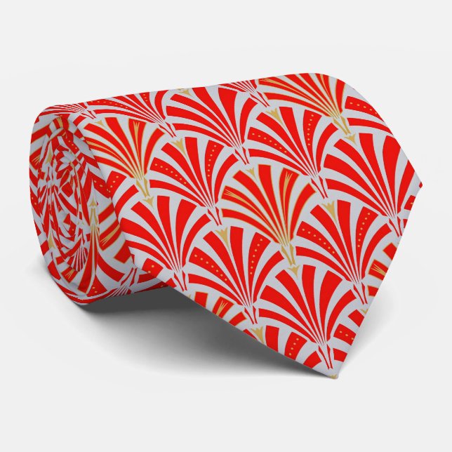 Art Deco fan pattern - red on pearl grey Tie (Rolled)