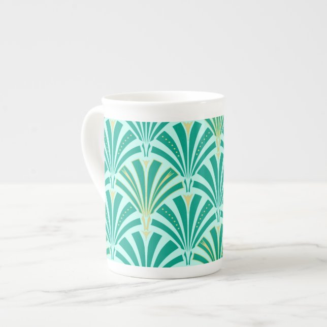 Art Deco fan pattern - turquoise on aqua Bone China Mug (Front Left)