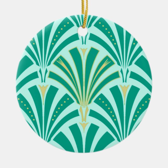 Art Deco fan pattern - turquoise on aqua Ceramic Ornament (Front)