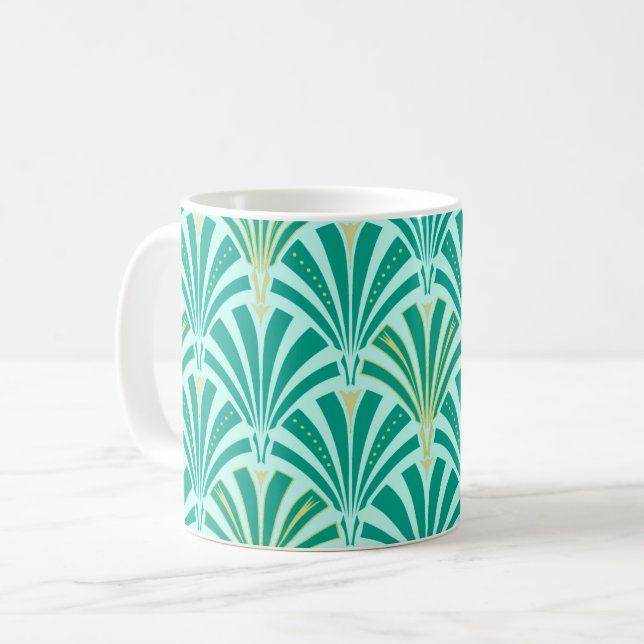 Art Deco fan pattern - turquoise on aqua Coffee Mug (Front Left)
