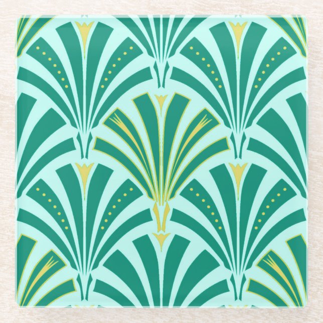 Art Deco fan pattern - turquoise on aqua Glass Coaster (Front)
