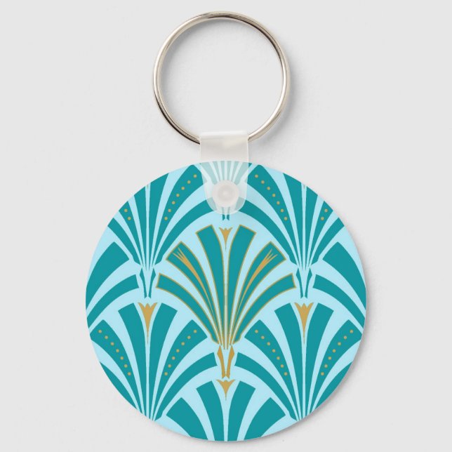 Art Deco fan pattern - turquoise on aqua Key Ring (Front)