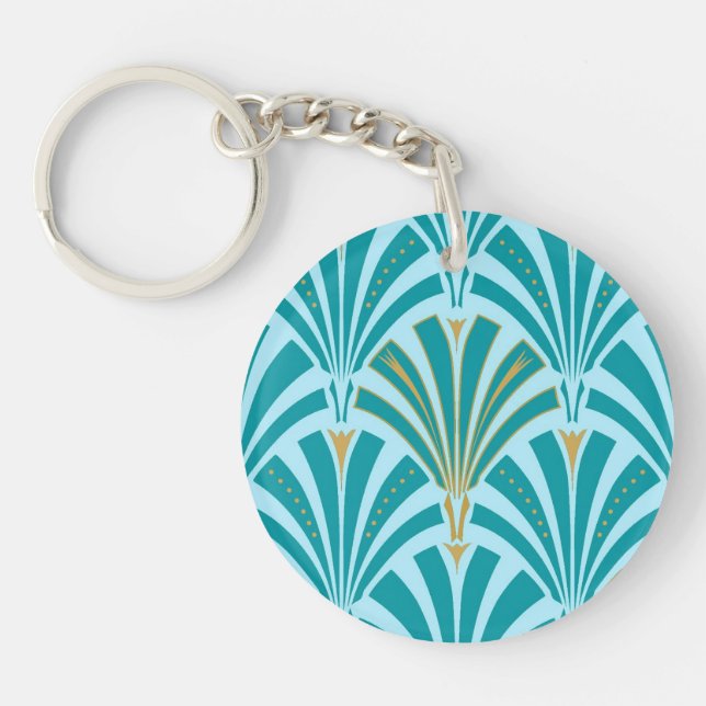 Art Deco fan pattern - turquoise on aqua Key Ring (Front)
