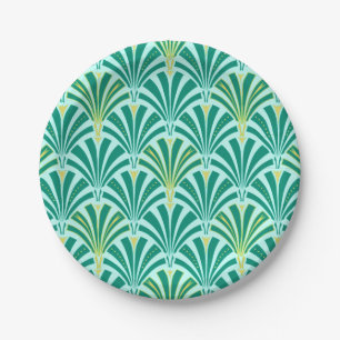Art Deco fan pattern - turquoise on aqua Paper Plate