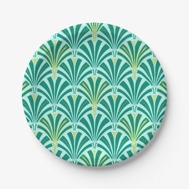 Art Deco fan pattern - turquoise on aqua Paper Plate (Front)