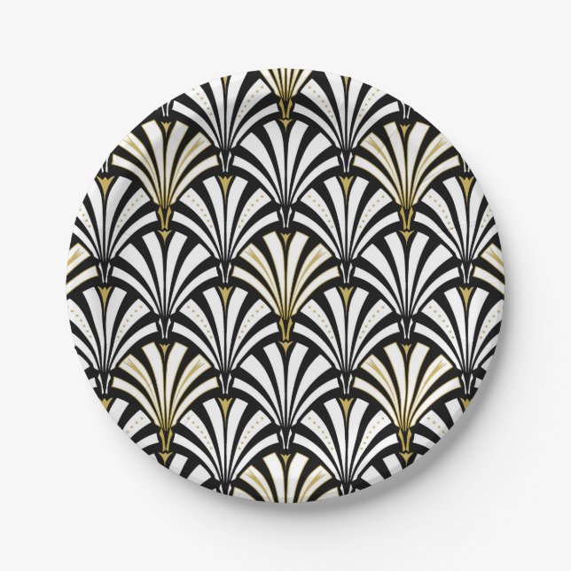 Art Deco fan pattern - white and black Paper Plate (Front)
