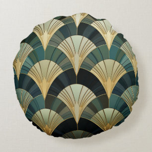 Art Deco fans - Gold on Emerald Round Cushion