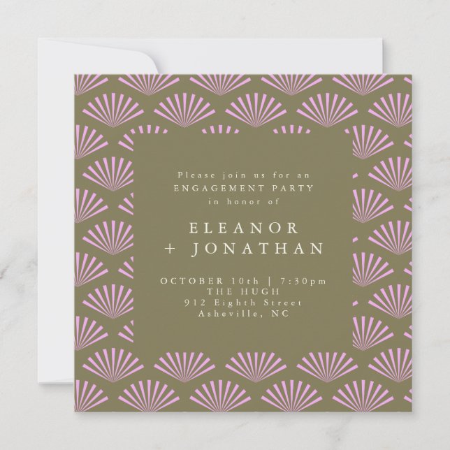 Art Deco Fans in Olive and Lilac Engagement Party Invitation (Front)