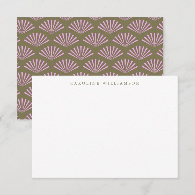 Art Deco Fans Olive Lilac Custom Name Note Card (Front/Back)