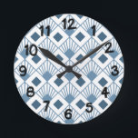 Art Deco Fans Round Clock<br><div class="desc">This wall clock has an art deco design of dusty blue diamonds with diagonal lines and dark blue diamonds on a field of white.</div>