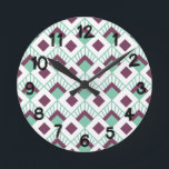 Art Deco Fans  Round Clock<br><div class="desc">This wall clock has an art deco design of seafoam green diamonds with diagonal lines and eggplant diamonds on a field of white.</div>