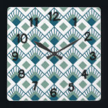 Art Deco Fans  Square Wall Clock<br><div class="desc">This wall clock has an art deco design of teal diamonds with diagonal lines and seafoam green diamonds on a field of white.</div>