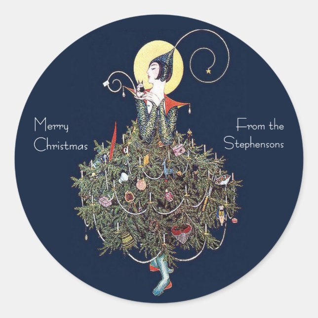 Art Deco Fashion Christmas Tree Retro Classic Round Sticker (Front)