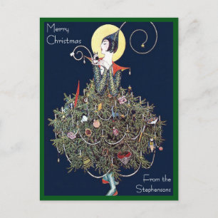 Art Deco Fashion Christmas Tree Retro Holiday Postcard