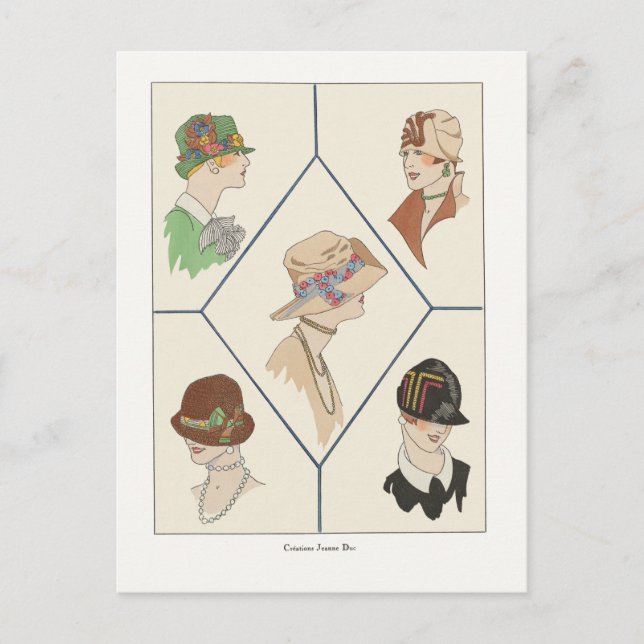 Art Deco Fashion Design Women in Hats, 1920s Postcard (Front)