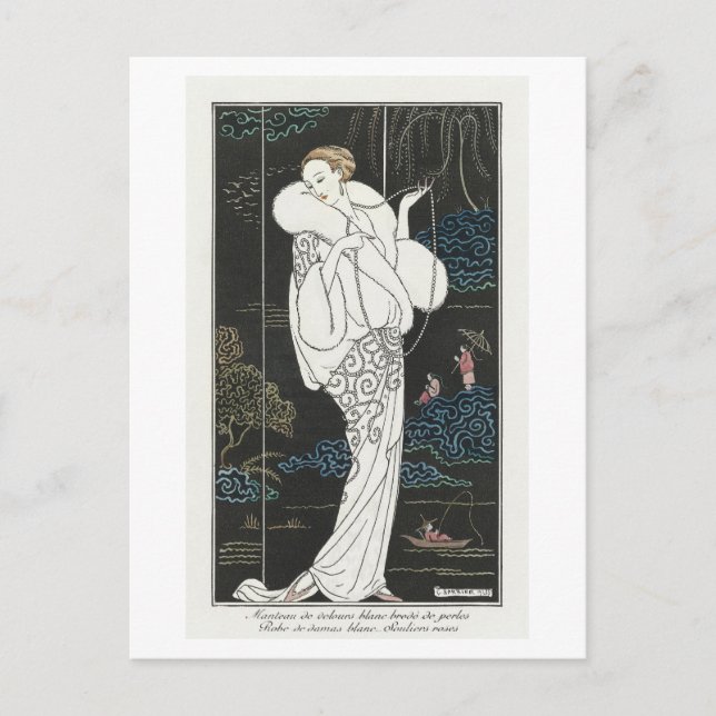 Art Deco Fashion Plate of Evening Coat by Barbier Postcard (Front)