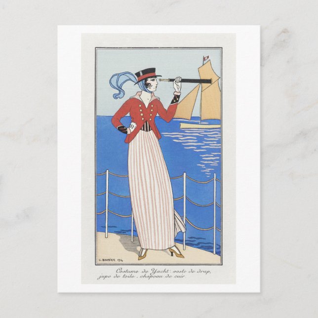 Art Deco Fashion Plate of Yacht Dress by Barbier Postcard (Front)
