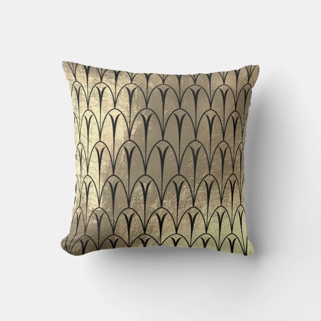 Art Deco Faux Sepia Black Gold Scales Seashells Cushion (Front)