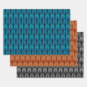 Art Deco Feather Pattern, Blue, Copper, Pewter Wrapping Paper Sheet