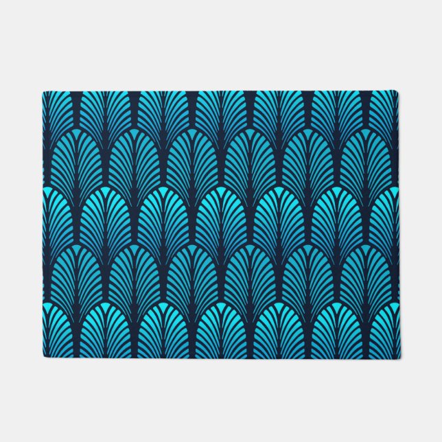 Art Deco Feather Pattern, Cerulean Blue Doormat (Front)